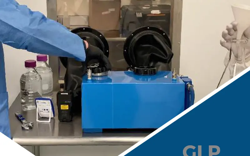 Cover of the GLP laboratory report compilation, showing vapor test equipment in a lab